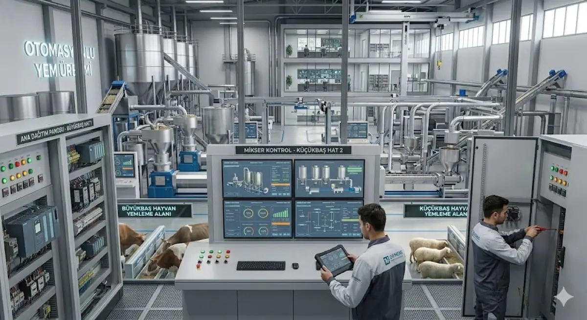 Operators monitoring SCADA screens in a feed mill control room