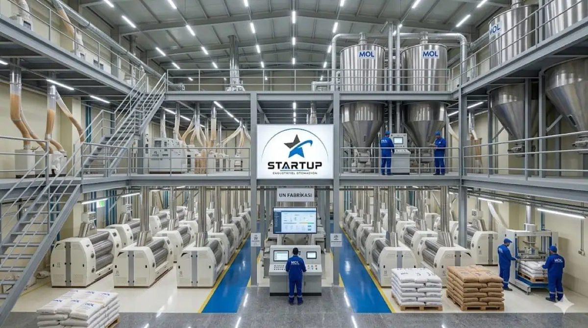 Automation floor of a flour mill with silos, roller mills and a STARTUP control screen