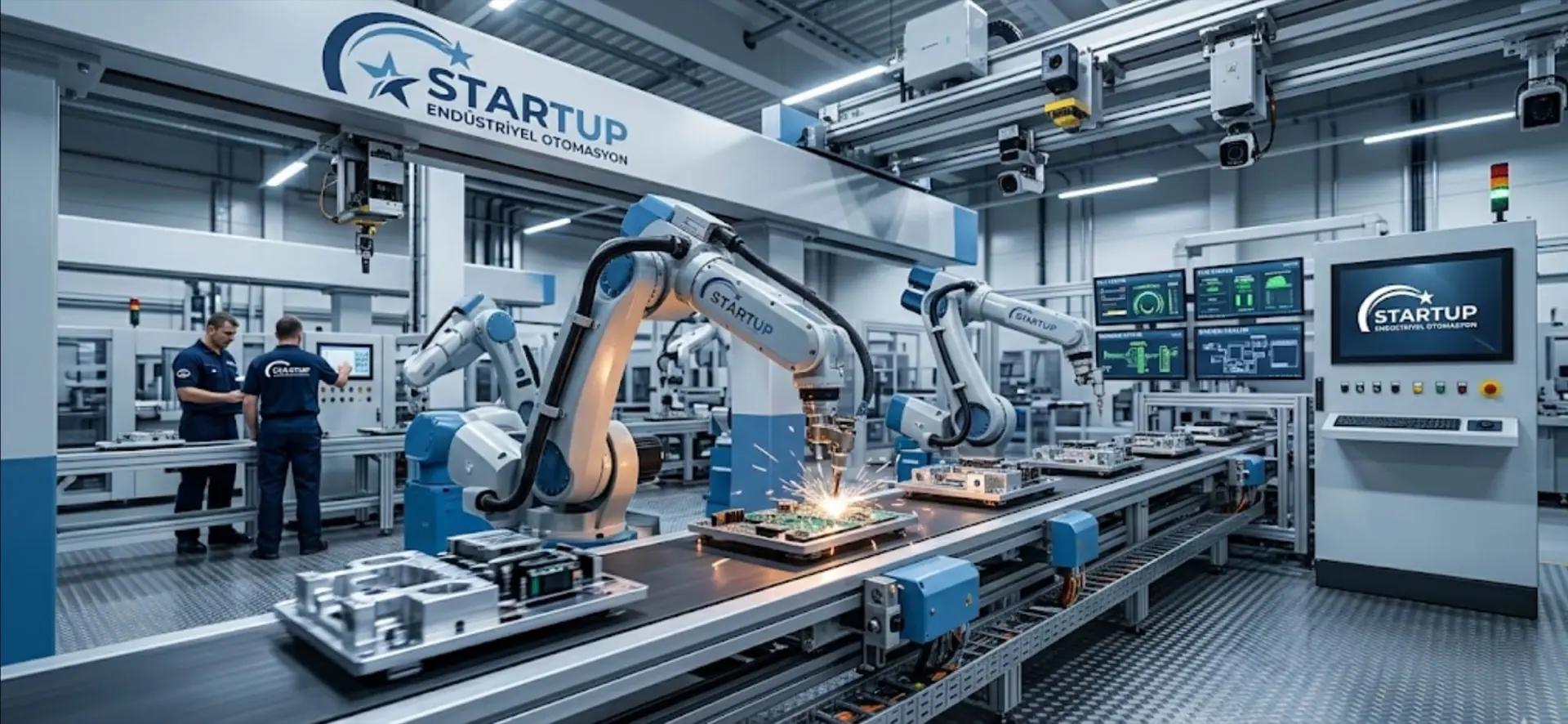 STARTUP-branded industrial production line: robotic arms, control panels and SCADA screens