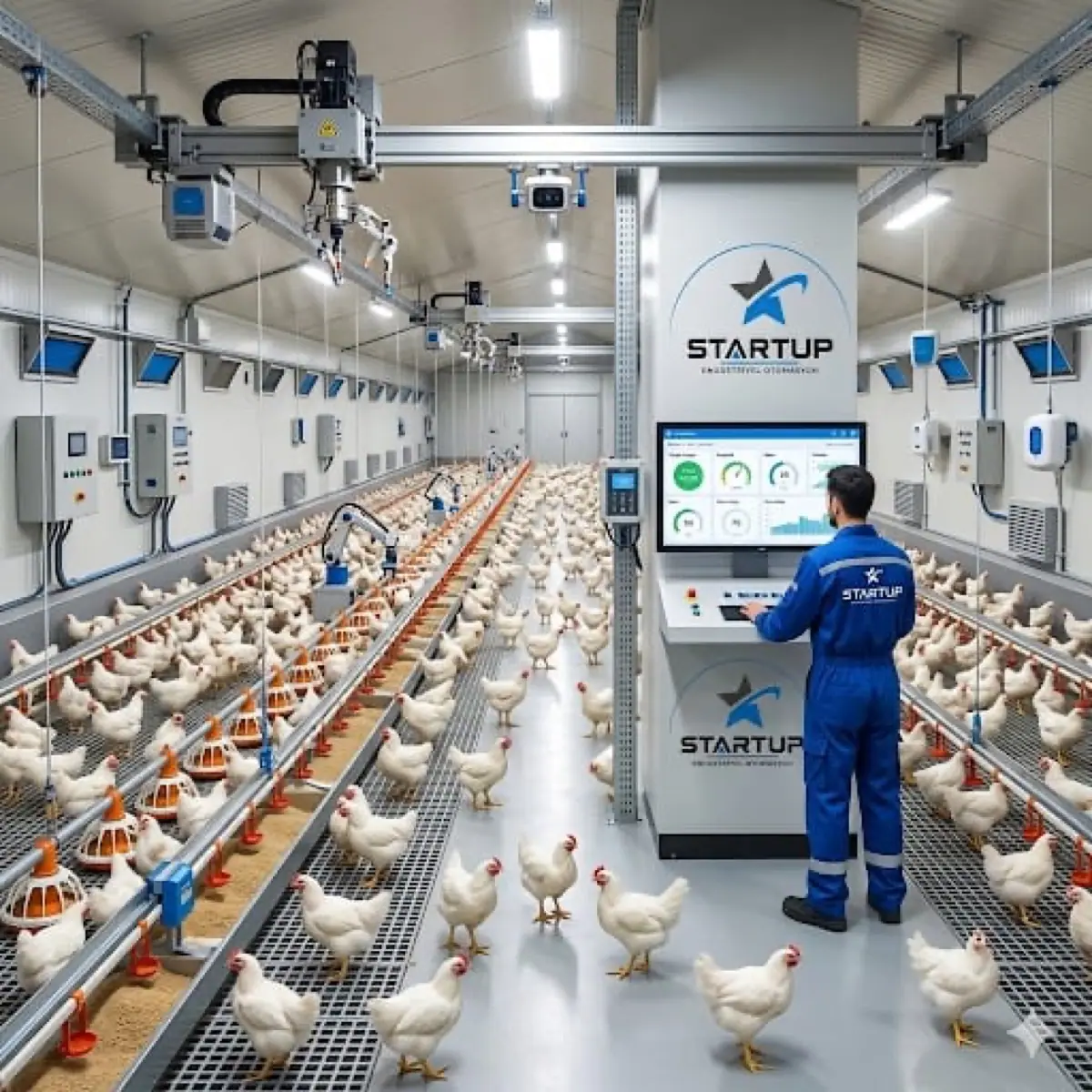Poultry house automation: feeding lines, climate sensors and a technician at the control panel